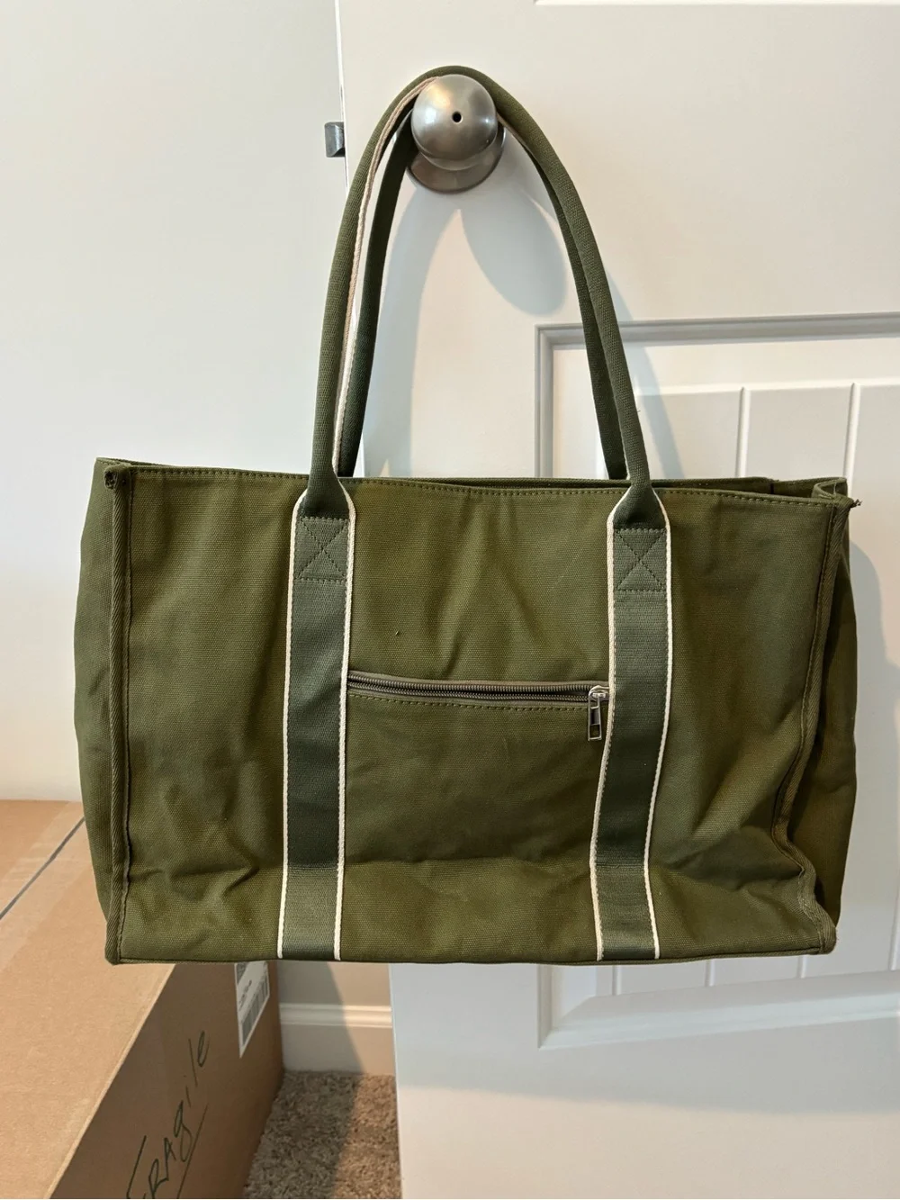 Olive Green Canvas Laptop Tote with Front Zip Pocket